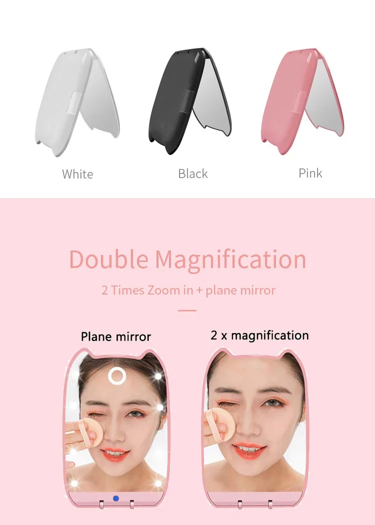 Different Color Mini Foldable LED Light Cosmetic Mirror Foldable Cartoon Cat Twice Times Magnification Pocket