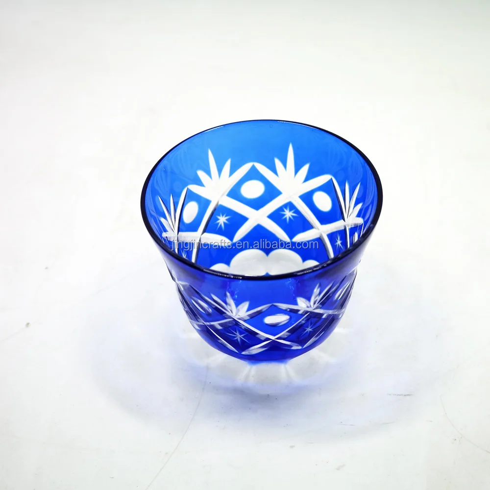 

handmade carved hand cut traditional engraved classic colored overlay glass wine cup, Blue