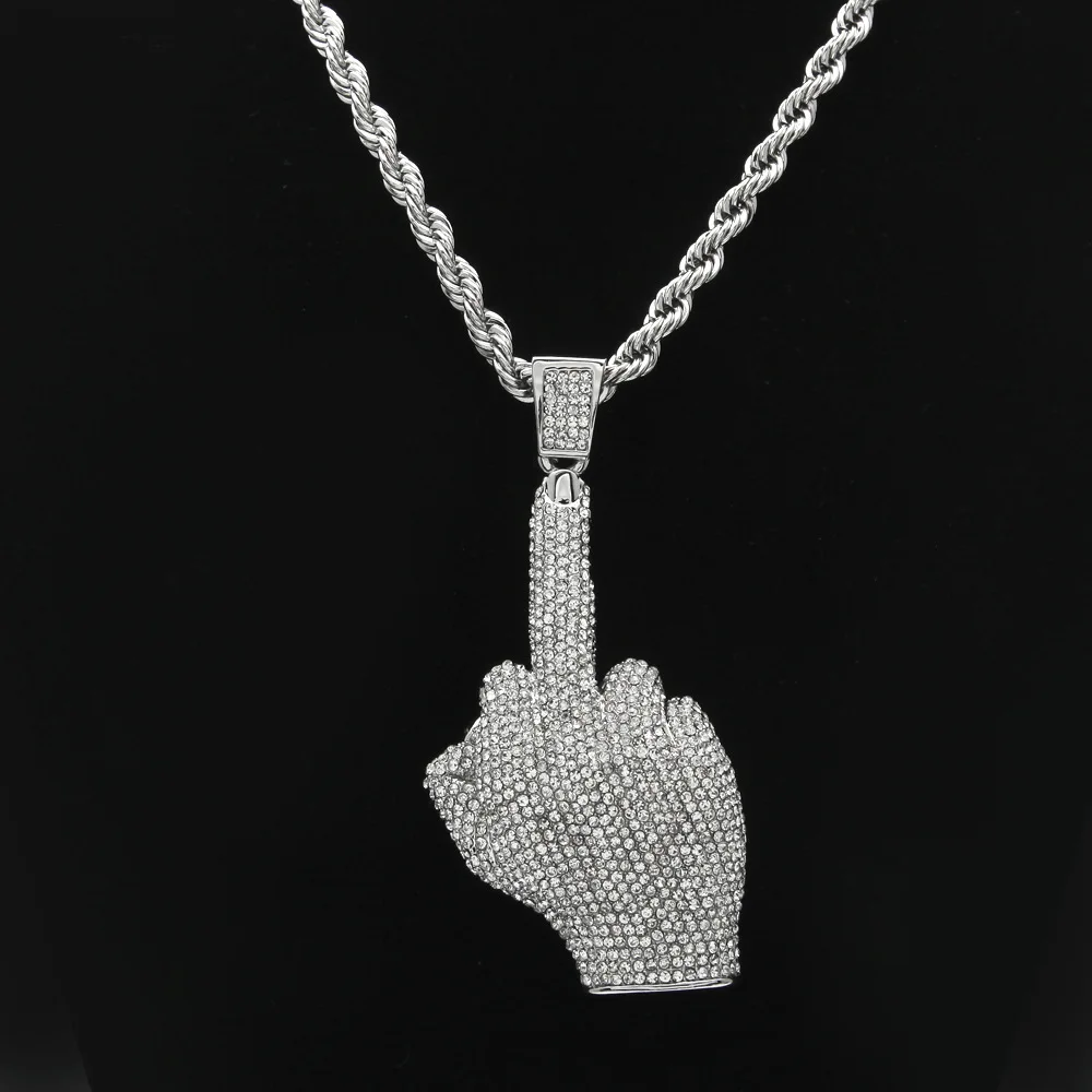 

Hip Hop Men Gold Color Full Rhinestone Big Middle Finger Pendants Necklaces With 6mm 30inch rope chain chain Jewelry