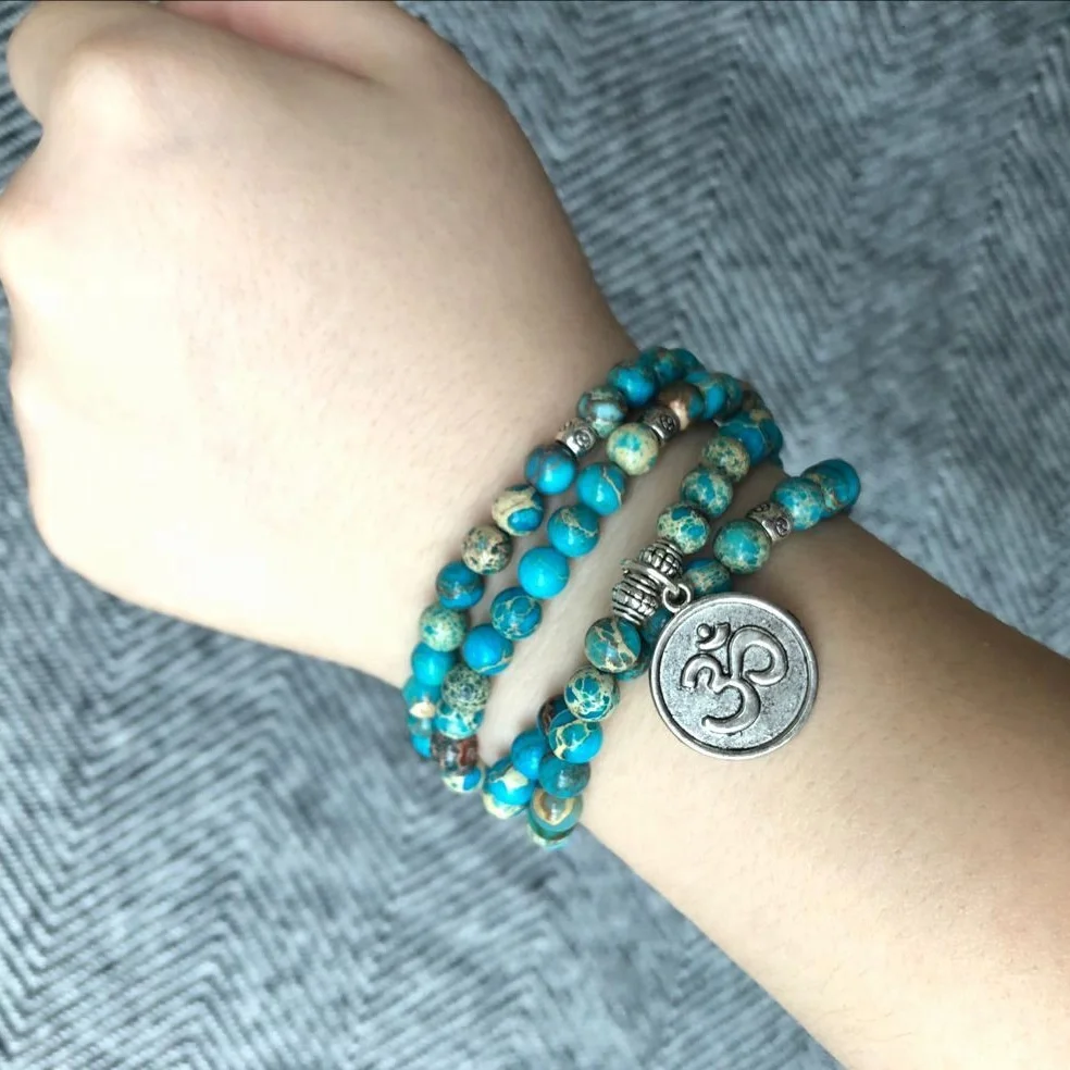 

108 mala 6mm Blue Imperial Turquoise jasper wrap Bracelet with om charm Yoga Jewelry