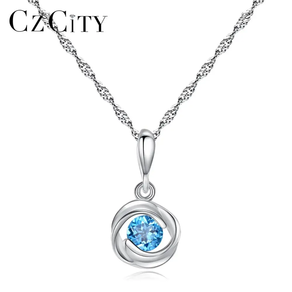 

CZCITY Luxury Geometric Sterling Silver Necklace Natural Blue Topaz Stone Pendant Necklaces Jewelry