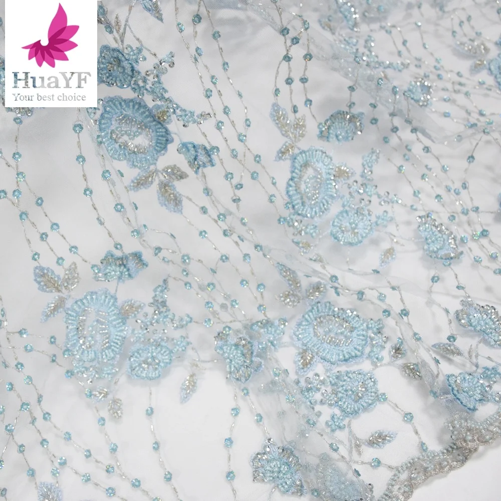 

HuaYF 2019 New Sky Blue 3d HandWork Tulle Beaded Lace Fabric With Sequins For Bridal HY1064-1, As pic show