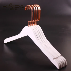 Image of Luxurious custom rose gold flat metal hook durable solid wood elegant white wooden coat hanger with LOGO
