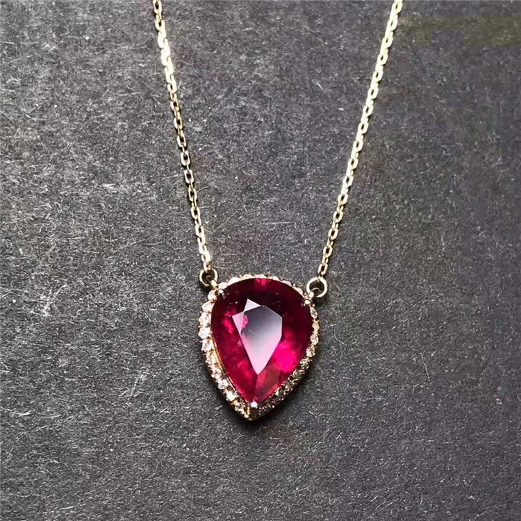 

simple design gemstone jewelry 18k gold South Africa real diamond 2.71ct natural red tourmaline pendant necklace for women