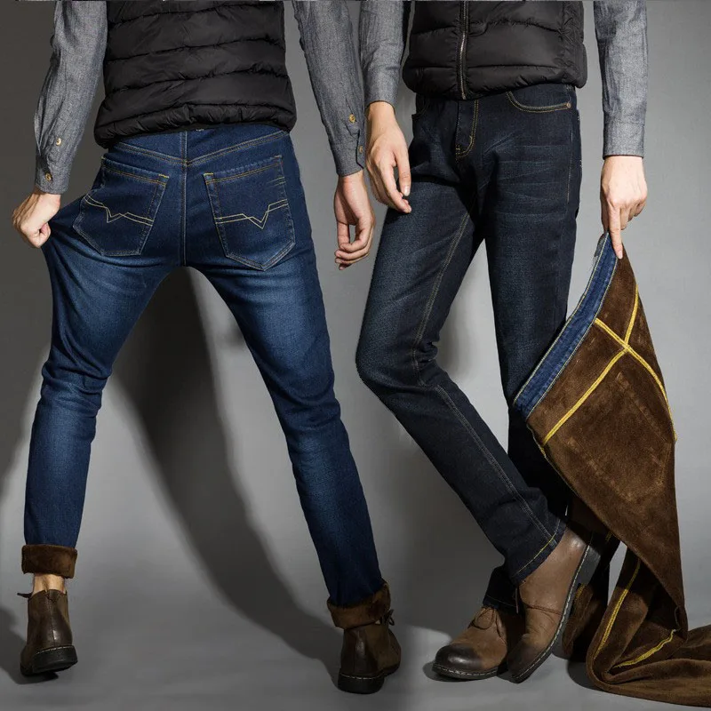 Soft Pants New Men Activities Jeans Famous Brand Autumn Winter  Flocking Warm 