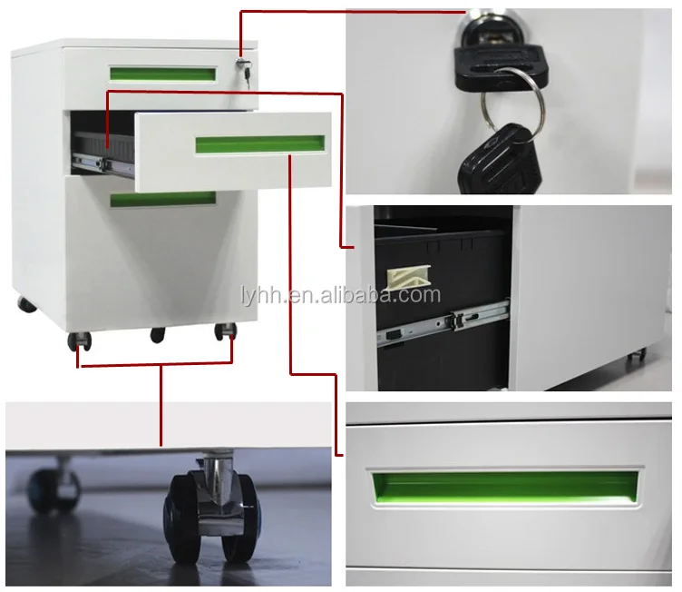 Office Sliding Movable Base Three Drawer Metal Mobile Office