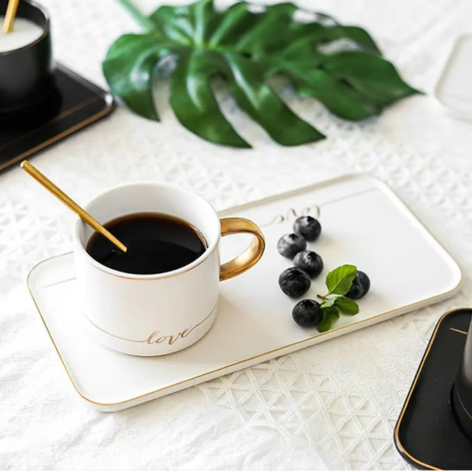 Hot sale turkish gold handle breatfast coffee latte stoneware cup with rectangle tray