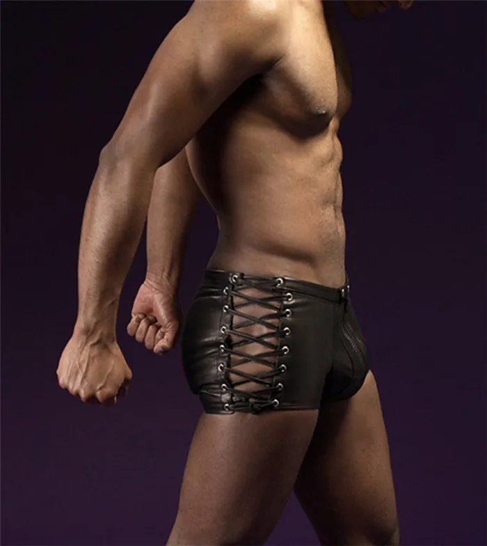 Faux Leather Mens Boxers Shorts Exotic Apparel Sex Hollow Out Strappy Underwear Lingerie Sexy Black Wetlook Short Pants H6624