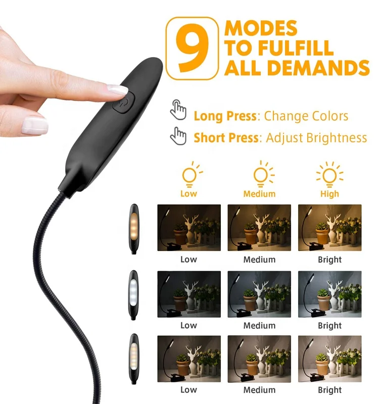 
7 LED reading Light with 9-Level Warm Cool White Brightness USB Rechargeable Eye Care Clip on book light for children 