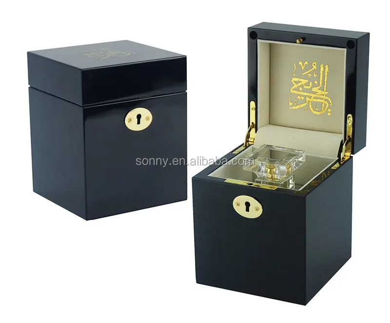Customized Black Luxury Single Wooden Empty Perfume Box With Key Lock