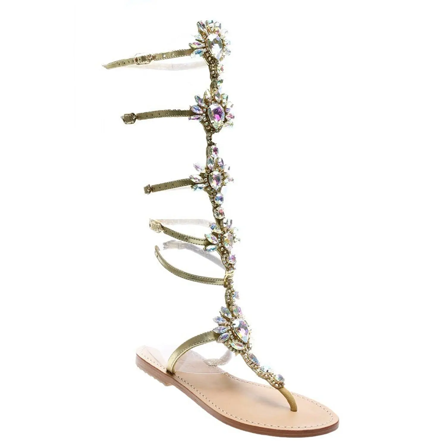 Women's Ankle Strap Open-toe Rhinestone Gold Thong Grecian Flat Sandals