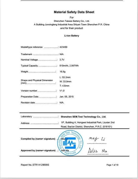 MSDS of charger battery 1