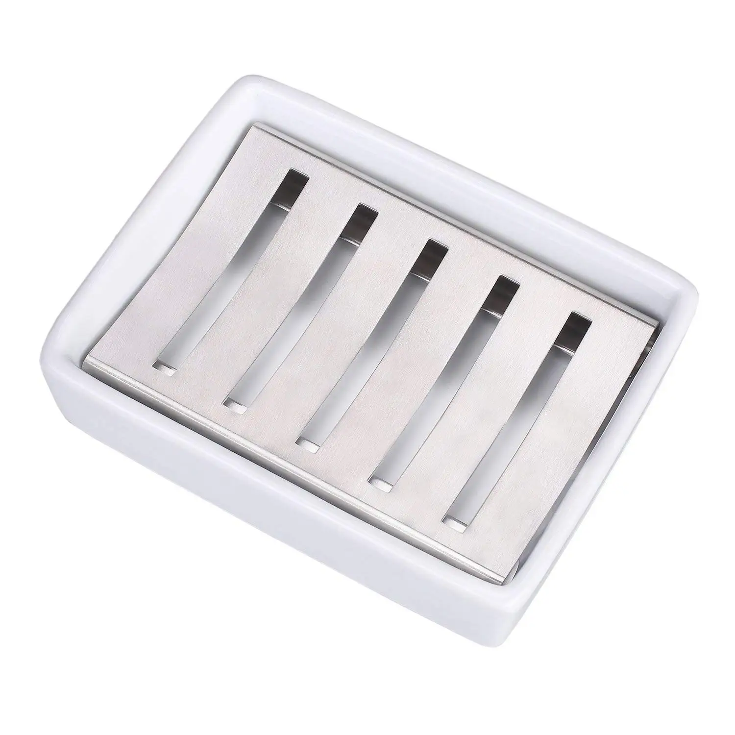 Stainless Steel And Ceramic Soap Dish Stainless Steel Soap Holder for Bathroom and Shower Double Layer Draining Soap Box (Large)