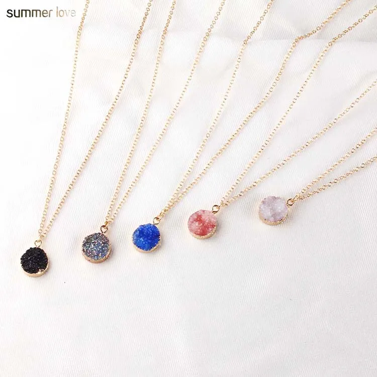 

2019 New Fashion Jewelry Round Plastic Resin Stone Pendant Gold Plated Double Chain Druzy Pendant Choker Necklace for Women Girl, Silver pink black blue white