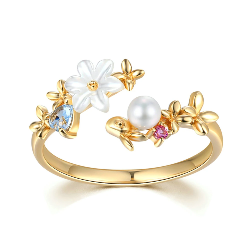 

OB Jewelry-14K Gold Plated Natural Gemstone Pear Shell Flower ring 925 Sterling Silver jewelry for women daily jewelry