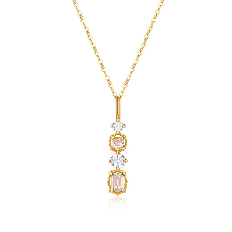 

Wholesale real solid gold bridal jewelry crystal geometric vertical bar 14K gold necklace