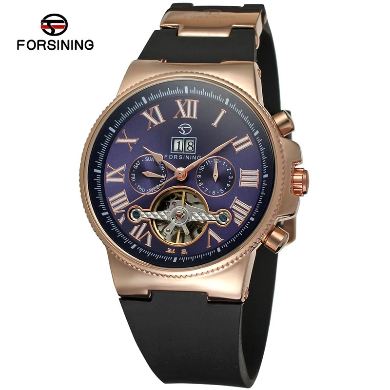 

2016 NEW Brand Mens Automatic Mechanical Watch Black Blue White Dial Tourbillon Men Wristwatches, Black white blue