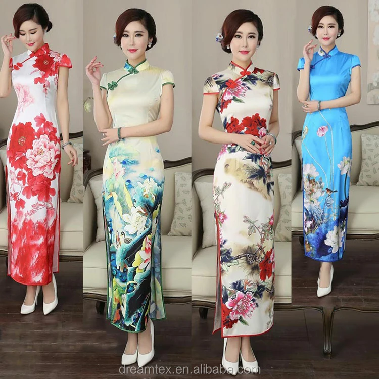 

2019 New high-grade long cheongsam lady long collar emulation silk printing Cheongsam, As the picture