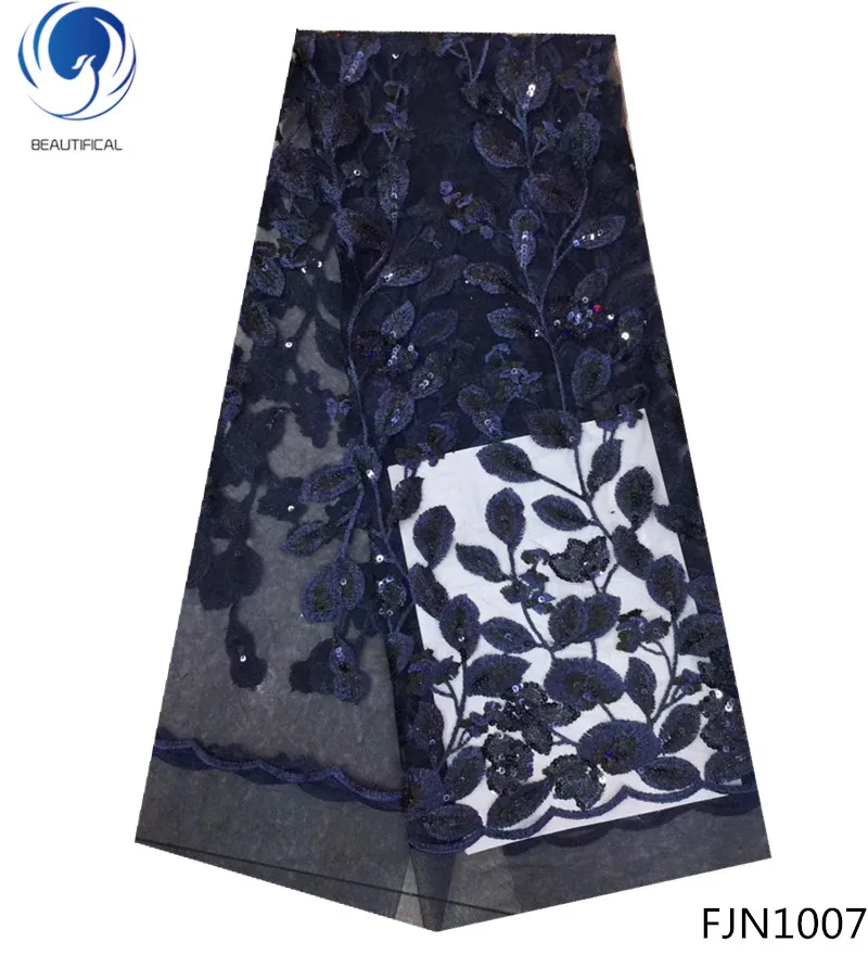 

Beautifical african tulle navy blue embroidery shinny sequin fabric shinning bridal lace FJN10, Can be customized