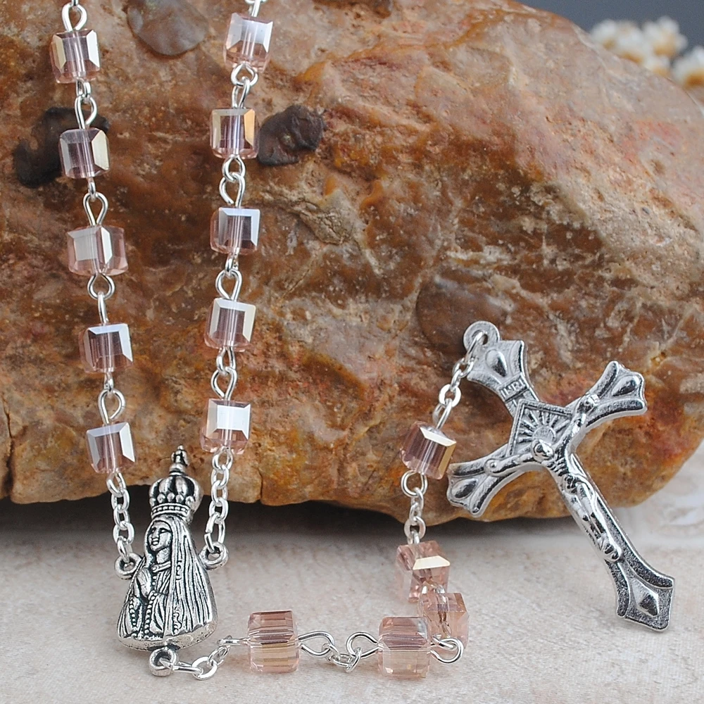 

6x6mm Amber Square Crystal Beads Rosary with Anti-silver Fatima Center Piece and Crucifix, Various