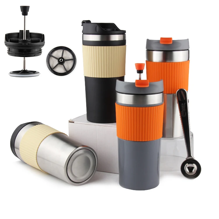 

Travel Vacuum Insulated Coffee French Press Mug Tumbler with Coffee Press Plunger. Hand Brew Coffee and Tea Maker Tumbler Cup