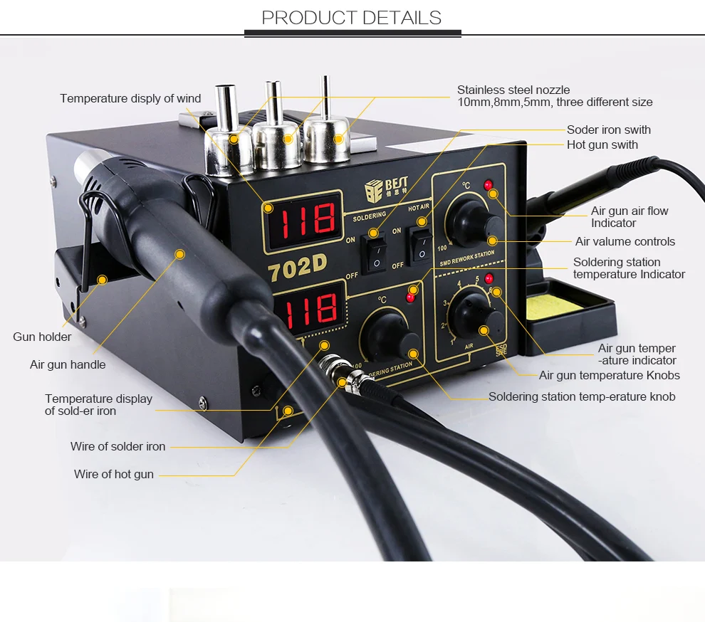 BST-702D 2 in 1 digital display rework station soldering iron and heat gun