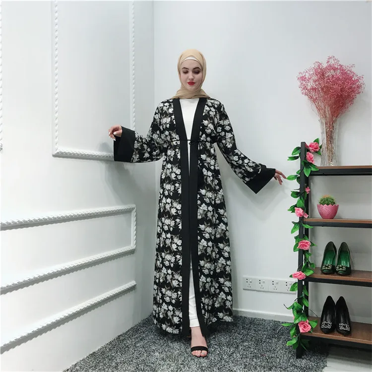 

New Fashion high quality muslim womenBlack open abaya floral abaya for EID, Black