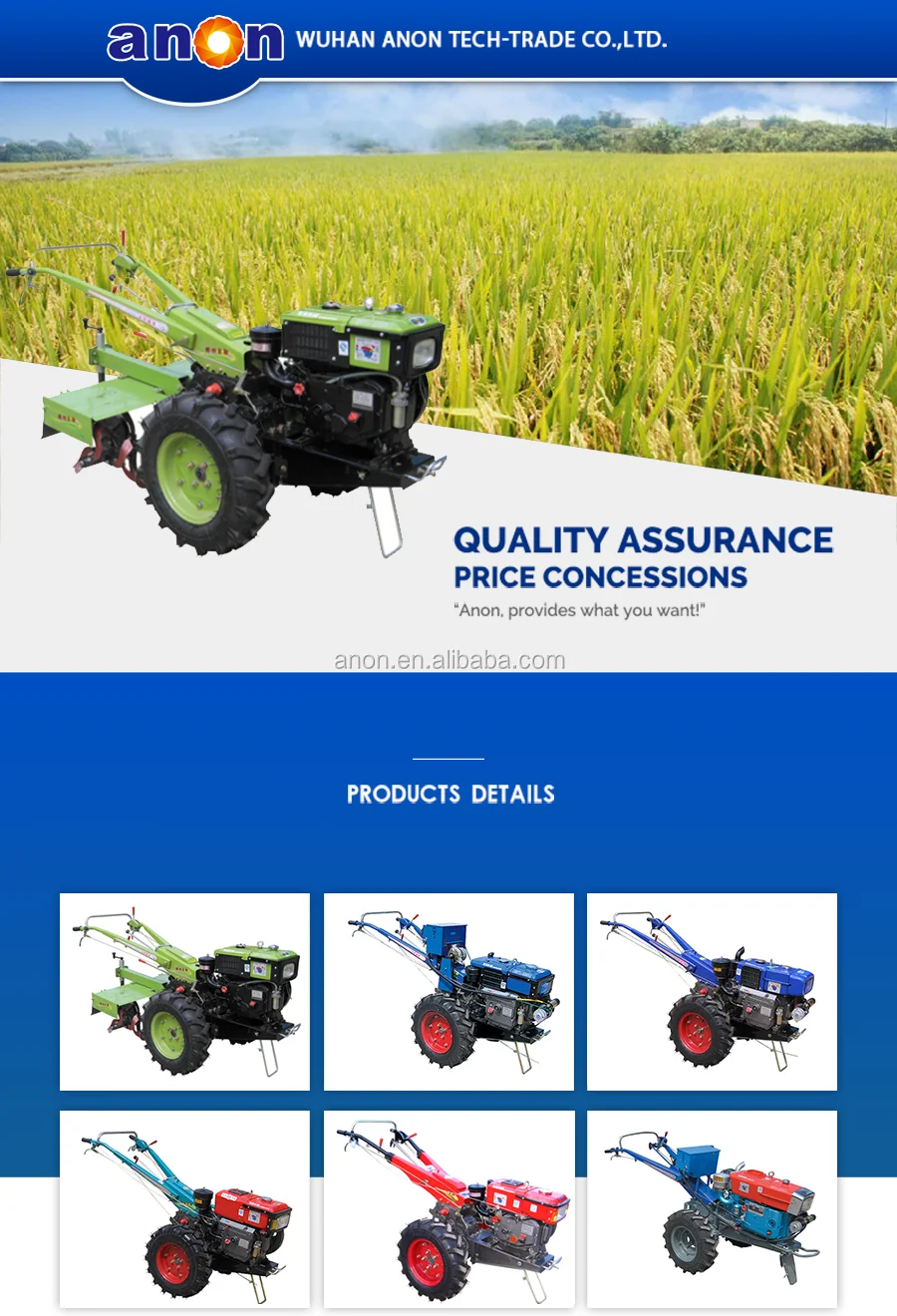 Anon Paddy Field Mini Walk Behind Tractor 8hp 10hp 12hp Walking