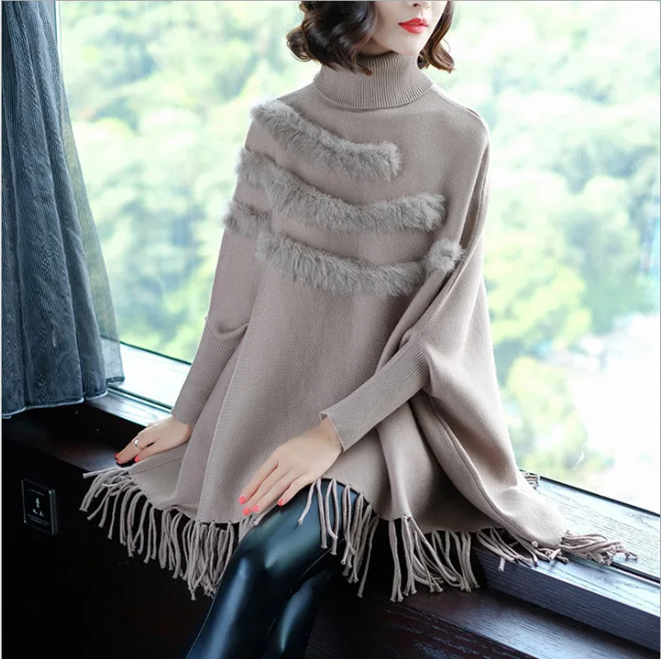 

2018 new design roll neck high quality fur lady winter cape sweater tassel pullover, Black;brown;grey;beige;white etc.