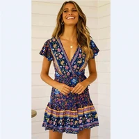 

Q3050 High Quality Summer Dresses V Neck Beach Belted Boho Dress Women