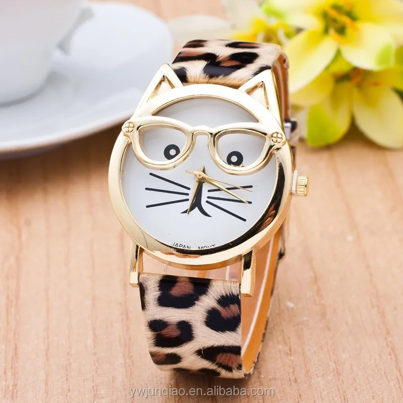 

New styles Women Watches 2016 Leather Quartz Glass Cat Fashion Lady Watch