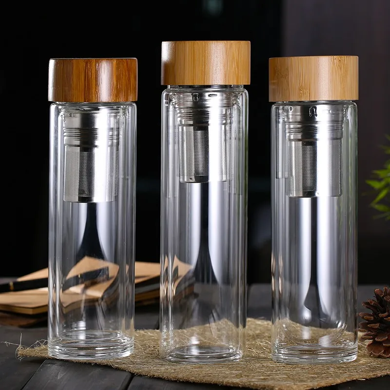 
400ml 500ml Bamboo Lid Double wall Borosilicate Glass Tea Infuser Tumbler Mug With Strainer 