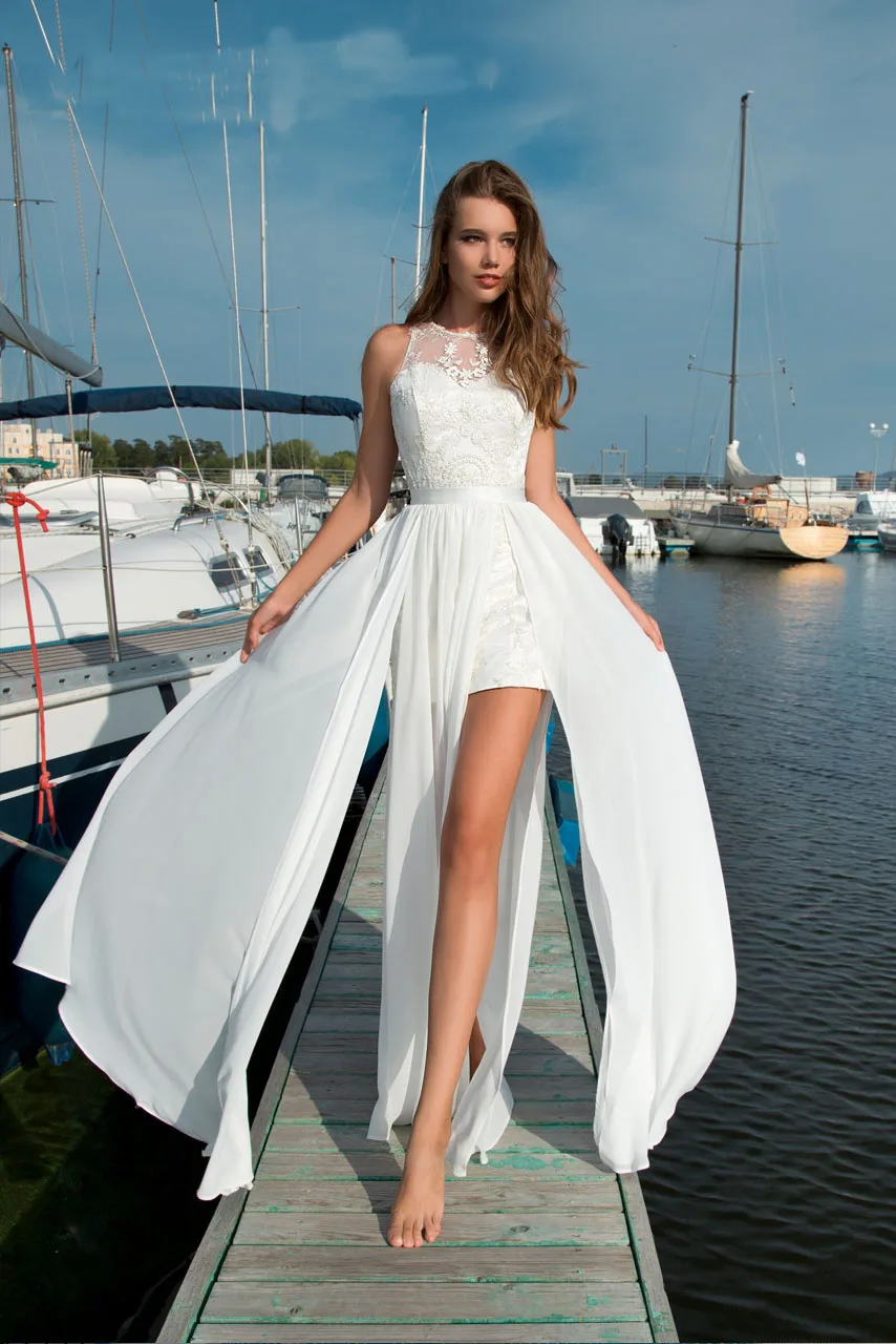 2018 Simple White Beach Wedding Dress Chiffon Lace Bodice A Line Split ...
