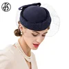 Elegant Royal Blue Bow Millinery Winter 100% Wool Pillbox Hat Wedding Hats And Fascinators Fedoras With Veils For Women zLadies