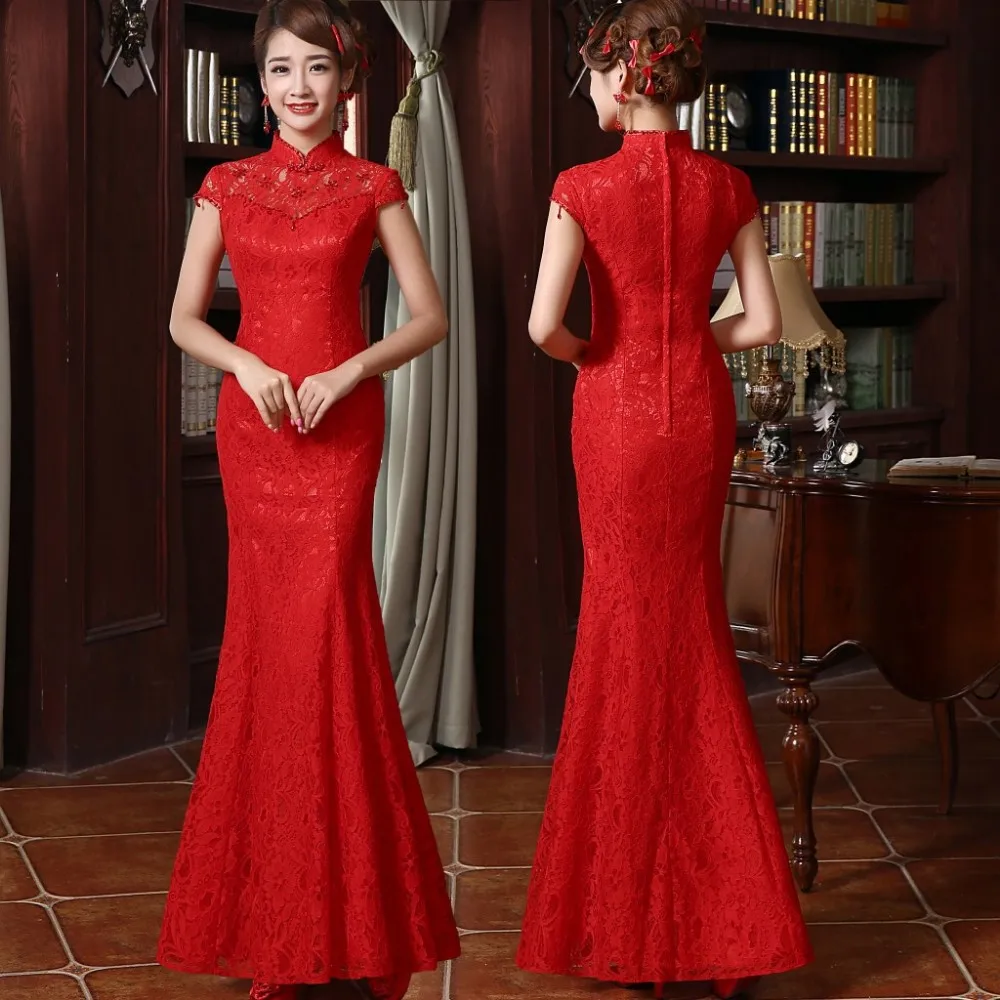 

Traditional Chinese Red Bridal Lace Cheongsam Wedding Dresses