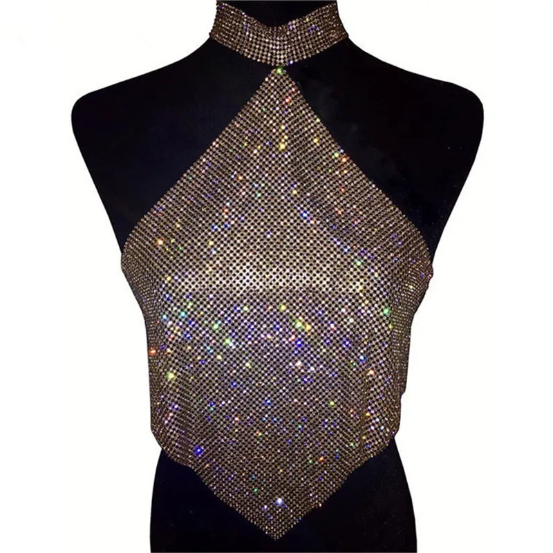 

Shinning Crystal Diamond Crop Top Summer Beach Backless Metallic Mesh Halter Sexy Tops Party Women Tank Top, Silver;gold;black