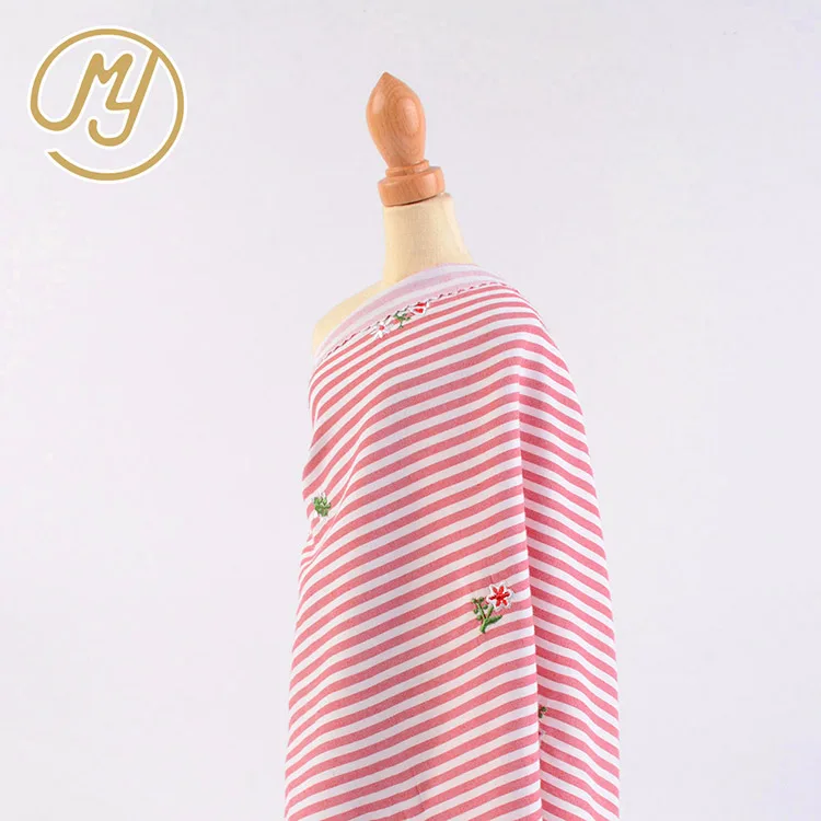Factory Direct Red And White Stripe Pretty Flower Embroidered Cotton Fabric