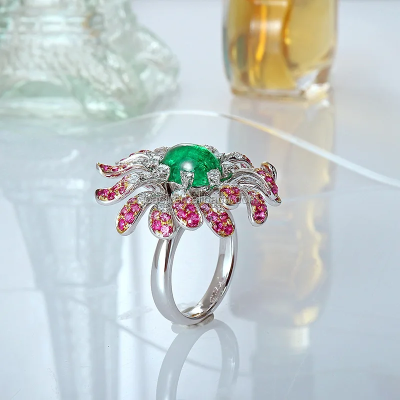 Joacii New Style Flower Design Pink Diamond Zircon Stone Natural Jade Ring