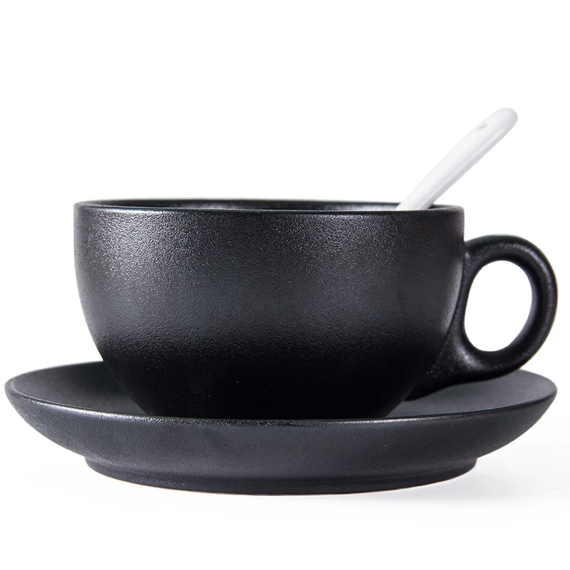 

factory hot sell cheap price black bone china ceramic porcelain coffee cup tray set with handle spoon