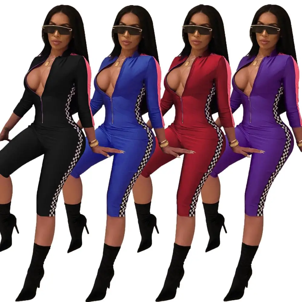 

Sexy zip up digital print front short bodycon women jumpsuits and rompers