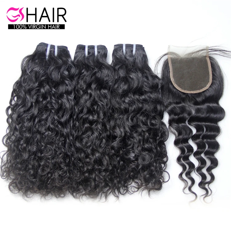 

8A Water wave hair bundles with lace front closure weaves unprocessed human virgin hair extensions factory price, Natural color