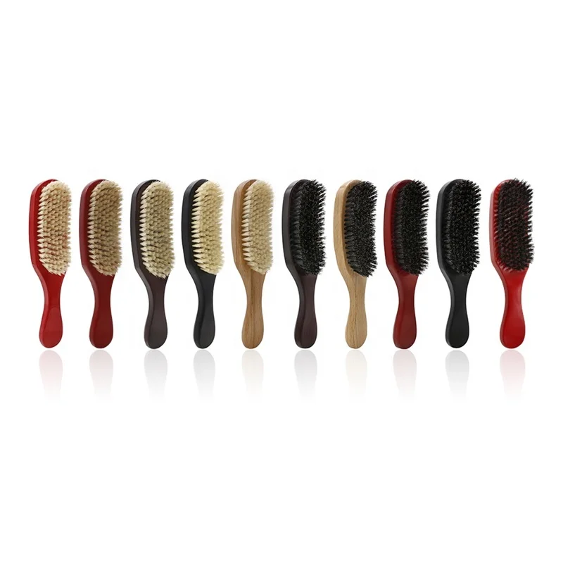 

Black And White Hair Long Handle Wooden Beard Brush Comb Hardwood Boar Bristle 360 Curved Wave Brush, As picture