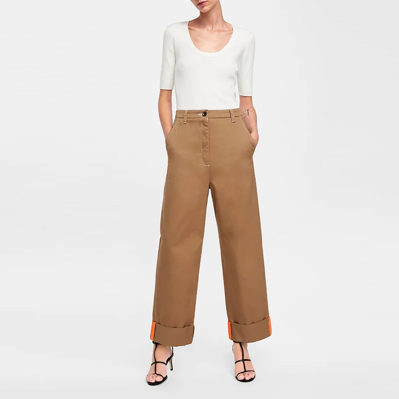 Women The Fashion High Waist Relaxed Fit Camel Chino Pants - Buy ...