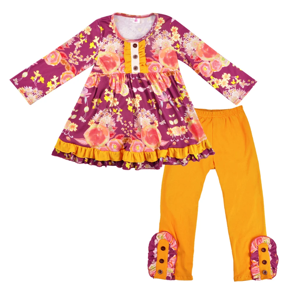 

New Design Fall Winter Cotton Girls Clothing Ruffle Pants Boutique Flower Children Clothing Sets Matching Romper, As the pic show
