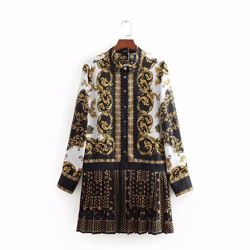 Casual loose design fashion women long sleeve pleated shirt dress