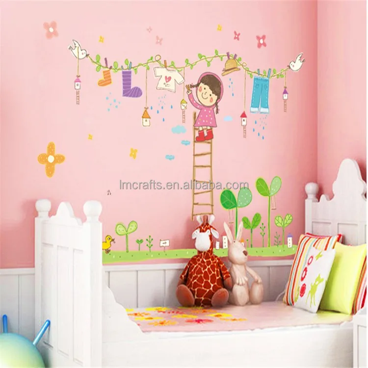 Kartun gadis kecil jemuran stiker  dinding  anak anak kamar  