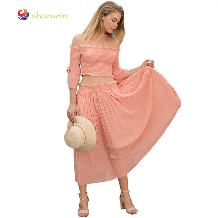 Two piece set women dress chiffon long maxi boho dress women Skirt And Crop Top Set 2019 wholesales