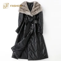 

Fashion jtfur women sheepskin leather mink fur collar long down jacket