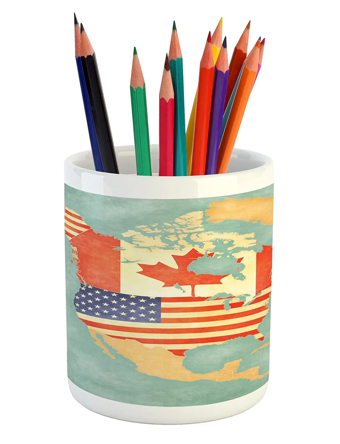World Map Pencil Pen Holder by Lunarable, States and Canada Outline Map of the North America in Grunge Stylized Soft Colors, Printed Ceramic Pencil Pen Holder for Desk Office Accessory, Multicolor