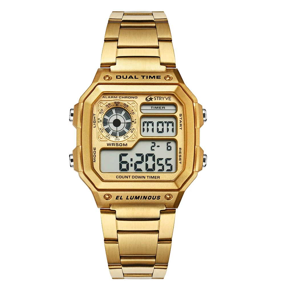 

STRYVE Mens Watches RelojRelojes Deportivos Sports Watch Waterproof Stainless Steel Fashion Gold Digital Wristwatches Male Clock